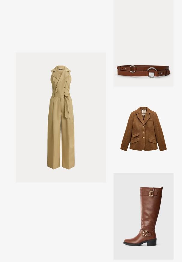 Brun uld blazer med sildebensmønster, reverskrave, tre guldknapper, to klaplommer og en brystlomme.; Beige buksedragt med vide ben, dobbeltspændt design, store revers og bælte i taljen. Fremstillet af et glat, struktureret stof.; Brun knæhøj læderstøvle med to gyldne spænder, lav sort blokhæl og snoretab bagpå på en helt hvid baggrund.; Brunt læderbælte med sølvfarvede cirkulære metalringe og justerbare spændehuller på en ensfarvet lys baggrund.