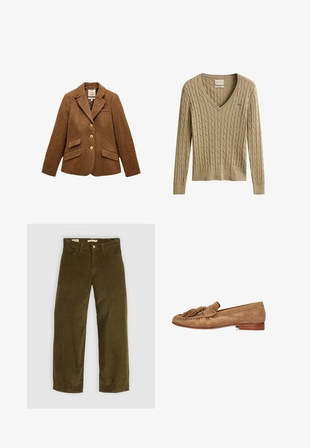 Americana marrón de lana con espiga, cuello con solapa, tres botones dorados, dos bolsillos con solapa y un bolsillo en el pecho.; Suéter beige de punto con cuello en V, mangas largas, puños y dobladillo acanalados, y pequeño logo bordado en el pecho.; Pantalones de pana verde oliva con un diseño de pierna recta, que cuentan con bolsillos frontales y un cierre de botones, mostrando una textura acanalada vertical.; Mocasines de ante en marrón claro con tacón plano, que presentan un borlas decorativa y un acabado cosido a lo largo de los bordes.
