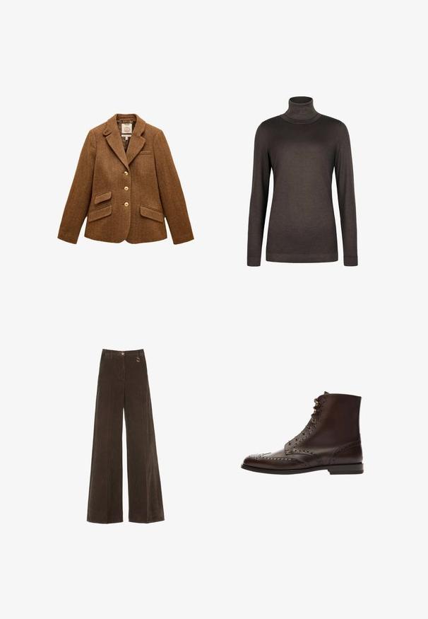Brun uld blazer med sildebensmønster, reverskrave, tre guldknapper, to klaplommer og en brystlomme.; Brun turtleneck sweater lavet af blødt stof. Har lange ærmer og et tætsiddende design. Glat tekstur med ribbet hals og kant.; Brune, vide corduroy bukser med høj talje, der har en gylden knap og en dekorativ ringdetalje. Textureret, blødt stof med lodrette striber.; Brune læder ankelstøvle med brogue-detaljer, rund tå og snørebåndsdesign med metaløjer. Glat tekstur og solid sål.