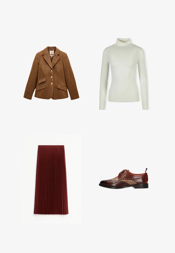 Brun uld blazer med sildebensmønster, reverskrave, tre guldknapper, to klaplommer og en brystlomme.; Lys cremefarvet sweater med rullekrave lavet af blødt, ribbet materiale; tætsiddende design med lange ærmer og tekstureret kant. Ingen mønstre eller detaljer.; Plisseret midi-nederdel i dyb rød, med et tekstureret stof og jævnt fordelte vertikale folder. Kanten falder omkring midt på læggen.; Brun tofarvet herresko i læder med brogue-detaljer, snørelukning og sort sål, vist fra siden på hvid baggrund.