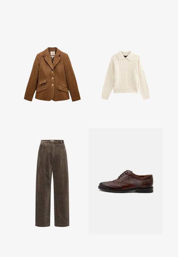 Brun uld blazer med sildebensmønster, reverskrave, tre guldknapper, to klaplommer og en brystlomme.; Cable-knit trøje i creme, med krave, ribbet kant og lange ærmer med teksturerede mønstre. Blødt, strikket stof.; Brune corduroy brede benbukser med folder, der har en blød tekstur og en mellemhøj talje. Kantafslutningerne er rene og lige.; Brun læder herre wingtip selskabssko med brogue-detaljer og ternede stofsider, vist fra siden på en hvid baggrund.