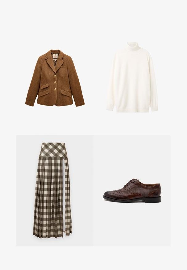 Brauner Fischgrät-Wollblazer mit Reverskragen, drei goldenen Knöpfen, zwei Klappentaschen und einer Brusttasche.; Rollkragenpullover aus weichem, weißen Stoff, mit geripptem Kragen und Bündchen, lässiger Schnitt, langen Ärmeln und geradem Saum.; Langer, plissierter Rock mit einem braun-beigen karierter Muster. Hoch geschnittenes Design mit einem Seitenschlitz und weichem Stoffgefühl.; Brauner Herren-Wingtip-Lederschuh mit Brogue-Details und karierten Stoff-Seitenteilen, von der Seite auf weißem Hintergrund dargestellt.