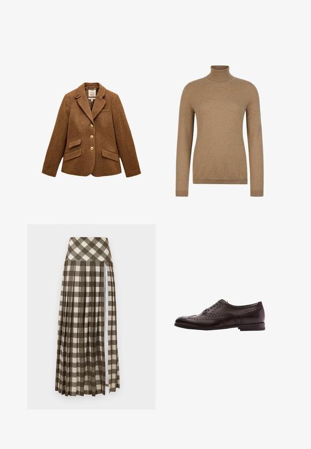 Brun uld blazer med sildebensmønster, reverskrave, tre guldknapper, to klaplommer og en brystlomme.; Langærmet kamelbrun rullekravesweater med ribstrikkede manchetter og kant, vist på en ensfarvet hvid baggrund.; Lang, plisseret nederdel med et brunt og beige ternet mønster. Høj talje-design med en sideslids og blød stoftekstur.; Brune læder dress sko med brogue-detaljer, snørebånds lukning, rund tå og en lav stablet hæl. Poleret finish og indviklede perforeringer.