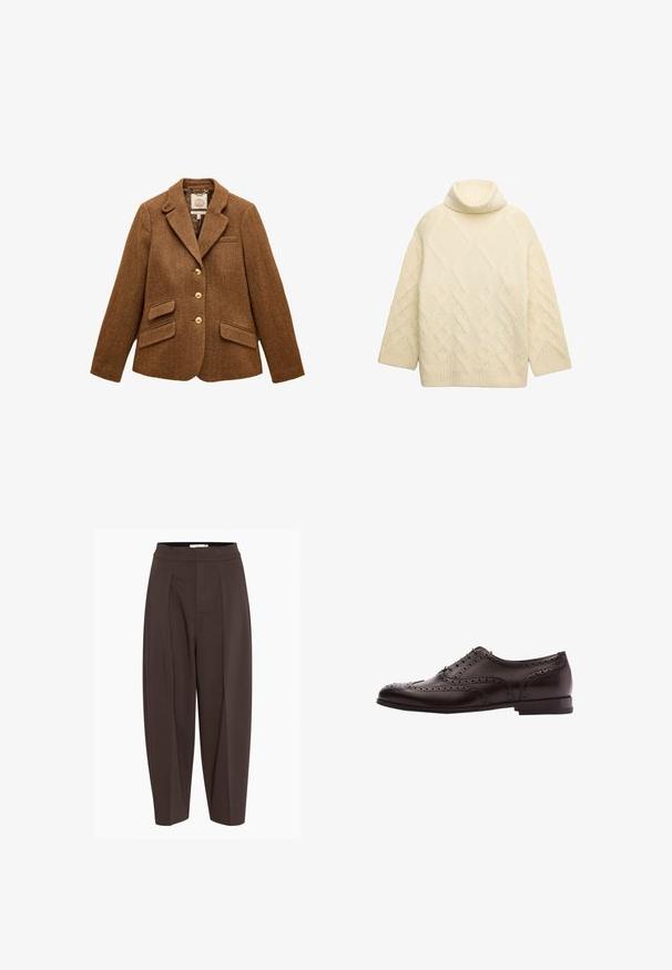 Brauner Fischgrät-Wollblazer mit Reverskragen, drei goldenen Knöpfen, zwei Klappentaschen und einer Brusttasche.; Cremfarbener, grob gestrickter Rollkragenpullover mit lockerer Passform, der ein strukturiertes Rautenmuster sowie gerippte Kragen und Bündchen aufweist.; Braune, gefaltete Hosen mit hohem Bund, aus einem glatten, strukturierten Stoff und mit schmal zulaufenden Beinen, die eine lockere Passform bieten.; Braune Leder-Hausschuhe mit Broguedetails, Schnürverschluss, runder Zehenform und niedrigem Blockabsatz. Polierte Oberfläche und filigrane Perforationen.