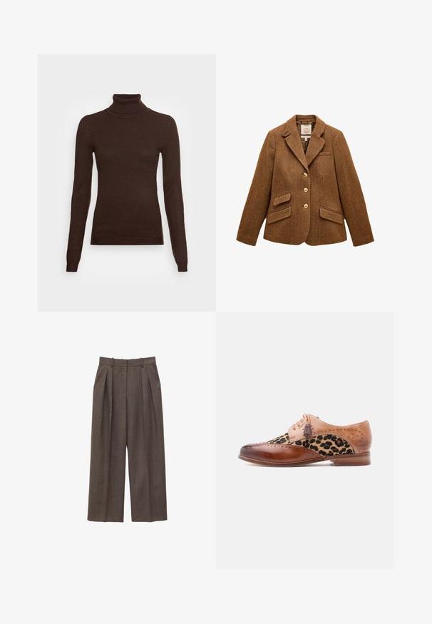 Brun uld blazer med sildebensmønster, reverskrave, tre guldknapper, to klaplommer og en brystlomme.; Vero Moda Tall VMHAPPINESS ROLLNECK - Striktrøje - coffee bean; Brune, højtsiddende bukser med vide ben, bæltestropper, læg foran og sidelommer, vist på en hvid baggrund.; Brun lædersko med leopardprintstofpanel, brogue-detaljer, frynse-laces og lavt træhæl.