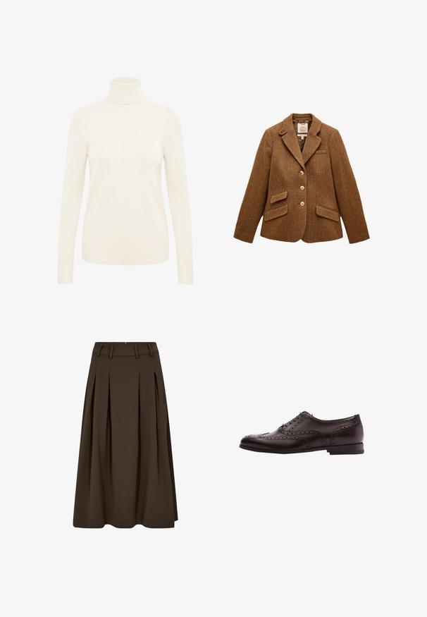 Blazer en laine marron à chevrons avec col à revers, trois boutons dorés, deux poches à rabat et une poche poitrine.; Pull à col roulé crème fabriqué à partir d'un tissu en maille doux. Il dispose de manches longues et de poignets et d'un ourlet côtelés.; Jupe plissée brune en tissu lisse, avec une taille haute munie de passants de ceinture, des poches latérales et une silhouette évasée en forme de A.; Chaussure habillée en cuir marron avec des détails de brogue, fermeture à lacets, bout arrondi et un petit talon empilé. Fini poli et perforations complexes.