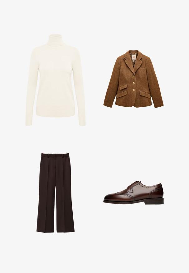 Blazer en laine marron à chevrons avec col à revers, trois boutons dorés, deux poches à rabat et une poche poitrine.; Pull à col roulé crème fabriqué à partir d'un tissu en maille doux. Il dispose de manches longues et de poignets et d'un ourlet côtelés.; Pantalons à jambe large en tissu brun foncé, dotés d'une taille haute, de plis doubles et de poches latérales. Texture lisse avec passants de ceinture.; Chaussure de ville en cuir marron avec des détails brogue, bout arrondi et laçage à cinq œillets, reposant sur une semelle plate et texturée.