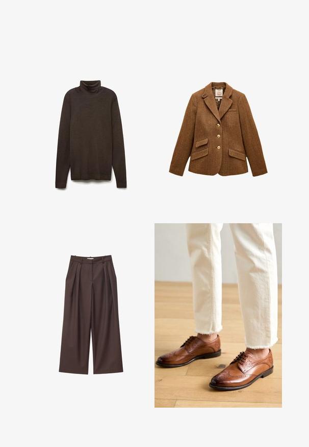 Brauner Fischgrät-Wollblazer mit Reverskragen, drei goldenen Knöpfen, zwei Klappentaschen und einer Brusttasche.; Brauner Rollkragenpullover aus weichem Stoff. Mit langen Ärmeln, hohem Kragen und geradem Saum. Sanfte Textur, minimalistisches Design.; Braune, hoch taillierte, weit geschnittene Hose mit vorderen Falten, Gürtelschlaufen und verdecktem Frontverschluss.; Braune Leder-Brogueschuhe mit perforierten Details, runder Spitze und glatter Oberfläche, kombiniert mit cremefarbenen Hosen mit fransigem Saum.
