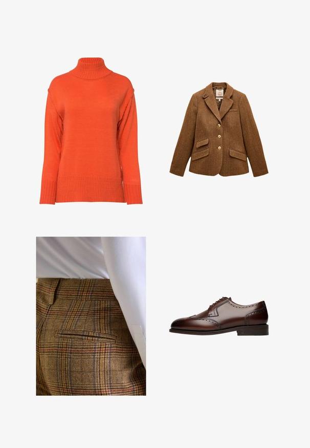 Blazer en laine marron à chevrons avec col à revers, trois boutons dorés, deux poches à rabat et une poche poitrine.; Pull col roulé en orange vif, avec une texture côtelée, des épaules tombantes et une coupe ample avec des poignets larges.; Pantalon à carreaux marron avec un tissu texturé. Présente des lignes bleues et rouges, une poche arrière et une coupe ajustée. Porté avec une chemise blanche.; Chaussure de ville en cuir marron avec des détails brogue, bout arrondi et laçage à cinq œillets, reposant sur une semelle plate et texturée.