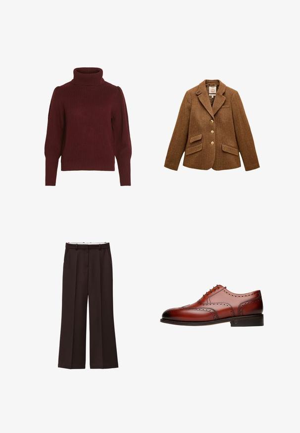 Blazer en laine marron à chevrons avec col à revers, trois boutons dorés, deux poches à rabat et une poche poitrine.; Pull en tricot bordeaux avec un col montant, texture côtelée, manches longues et détails froncés sur les épaules.; Pantalons à jambe large en tissu brun foncé, dotés d'une taille haute, de plis doubles et de poches latérales. Texture lisse avec passants de ceinture.; Chaussure brogue en cuir marron avec des détails perforés intricats, bout arrondi et talon. Présente un design à lacets et une finition lisse.