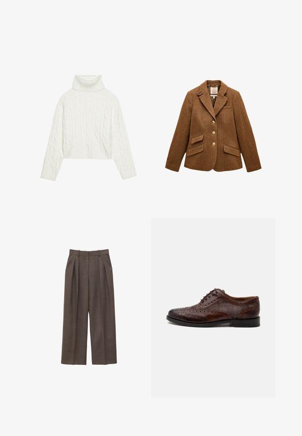 Brun uld blazer med sildebensmønster, reverskrave, tre guldknapper, to klaplommer og en brystlomme.; Hvid kabel-strikket turtleneck sweater med en cropped silhuet, der har ribbede manchetter og kant. Blød tekstur med et hyggeligt, chunky design.; Brune, højtsiddende bukser med vide ben, bæltestropper, læg foran og sidelommer, vist på en hvid baggrund.; Brun læder herre wingtip selskabssko med brogue-detaljer og ternede stofsider, vist fra siden på en hvid baggrund.