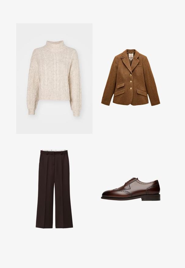 Bruine visgraat wollen blazer met reverskraag, drie gouden knopen, twee klepzakken en één borstzak.; Crème-kleurige cropped trui met een hoge nek, met een getextureerd kabelbreipatroon en lange, iets pofmouwen.; Wijde broek in donkerbruine stof, met een hoge taille, dubbele plooien en zijzakken. Gladde textuur met riemlussen.; Bruine leren nette schoen met brogue-details, ronde neus en vetersluiting met vijf oogjes, rustend op een platte, gestructureerde zool.