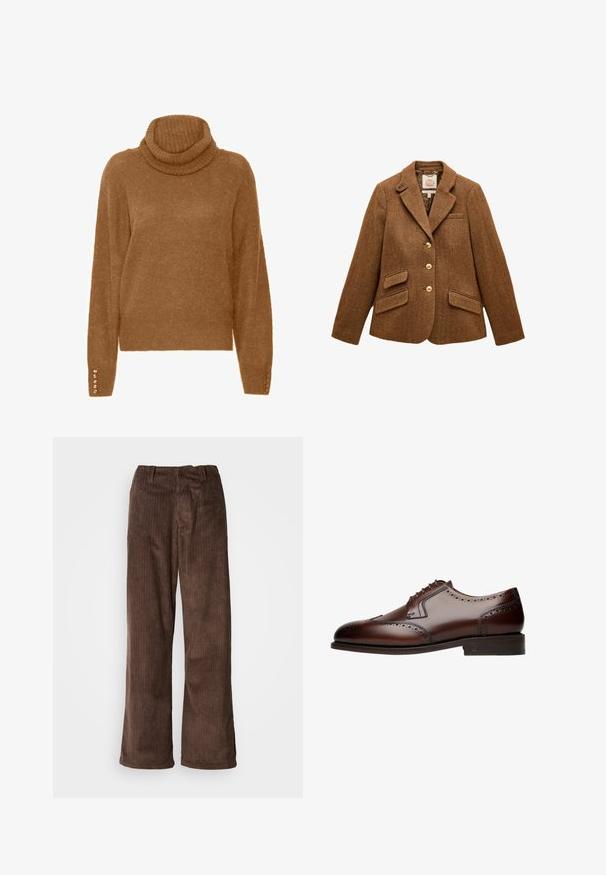 Blazer en laine marron à chevrons avec col à revers, trois boutons dorés, deux poches à rabat et une poche poitrine.; Pull à col roulé marron avec une finition douce et texturée et des manches longues. Présente des accents semblables à des perles sur les poignets.; Pantalons en velours côtelé marron avec une coupe ample, présentant des côtes verticales et une ceinture. Le tissu a une apparence douce et texturée.; Chaussure de ville en cuir marron avec des détails brogue, bout arrondi et laçage à cinq œillets, reposant sur une semelle plate et texturée.