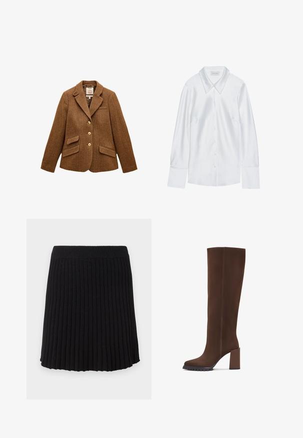Brun uld blazer med sildebensmønster, reverskrave, tre guldknapper, to klaplommer og en brystlomme.; Hvid langærmet skjorte med klassisk krave, med knaplukning fortil og glat tekstur, lavet af letvægtigt stof med en subtil glans.; Sort ribbet strikket nederdel med en bred talje, der har lodrette plisseringer og en udvidet kant. Ensartet tekstur hele vejen igennem.; Brune knæhøje støvler lavet af blødt stof, med firkantet tå, blokhæl og en tekstureret gummisål. Rene linjer uden udsmykning.