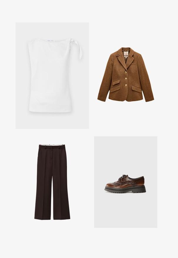 Blazer en laine marron à chevrons avec col à revers, trois boutons dorés, deux poches à rabat et une poche poitrine.; Top sans manches blanc avec un col asymétrique et un détail noué sur l'épaule gauche, fabriqué à partir d'un tissu lisse et léger.; Pantalons à jambe large en tissu brun foncé, dotés d'une taille haute, de plis doubles et de poches latérales. Texture lisse avec passants de ceinture.; Chaussure en cuir marron à lacets avec des détails en brogue, semelle en caoutchouc et plateforme texturée noire contrastante. Fini lisse avec un design classique.