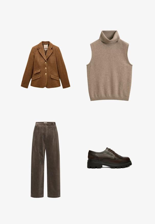 Brun uld blazer med sildebensmønster, reverskrave, tre guldknapper, to klaplommer og en brystlomme.; Ærmeløs beige strikket polo-vest med ribkant ved hals og kant, lavet af blødt stof.; Brune corduroy brede benbukser med folder, der har en blød tekstur og en mellemhøj talje. Kantafslutningerne er rene og lige.; Mørkebrun læder brogue sko med perforerede detaljer og tyk sort rillesål, set fra siden på hvid baggrund.
