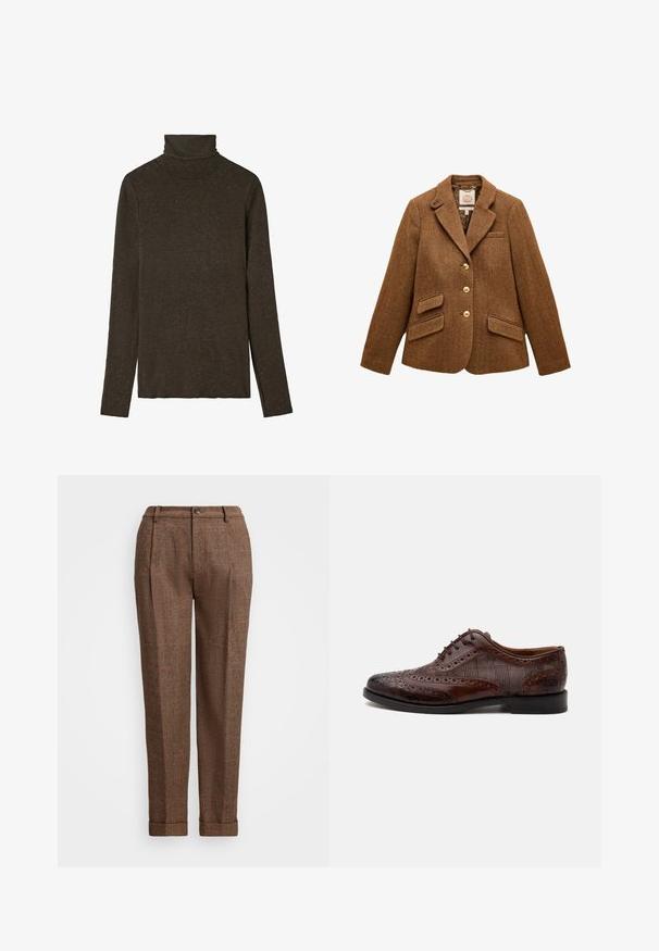 Brun uld blazer med sildebensmønster, reverskrave, tre guldknapper, to klaplommer og en brystlomme.; Mørkebrunt turtleneck top lavet af blød, struktureret stof. Har lange ærmer og en tætsiddende pasform, med en glat halsudskæring.; Brune plaid bukser med en skræddersyet pasform, der har plisseringer, en knaplukning og manchetter. Tekstureret stof med orange detaljer.; Brun læder herre wingtip selskabssko med brogue-detaljer og ternede stofsider, vist fra siden på en hvid baggrund.