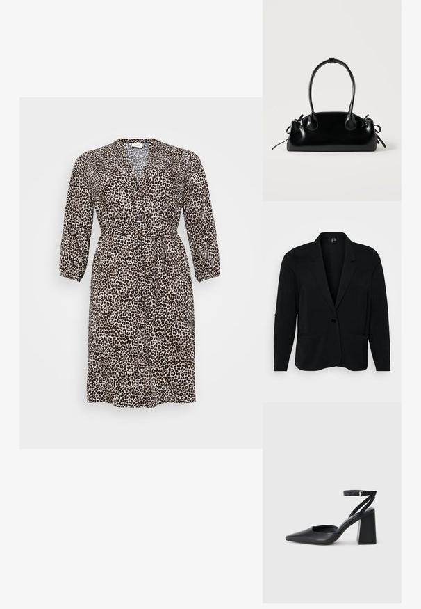 Čierny blazer vyrobený z textúrovaného materiálu, s klopovými reverzmi, jedným gombíkom a dvoma prednými vreckami. Uvoľnený strih s dlhými rukávmi.; Šaty s leopardím vzorom vyrobené z ľahkej látky, s výstrihom do V, dlhými rukávmi, zapínaním na gombíky a viazaním v páse pre nastaviteľné prispôsobenie.; Čierne kožené lodičky s špicatou špičkou a členkovým remienkom, s masívnym podpätkom. Hladký povrch, elegantný dizajn a minimalistická estetika.; Malá čierna lesklá kabelka s dvoma dlhými rúčkami a bočnými šnúrkovými detailmi na jednoduchom svetlom pozadí.