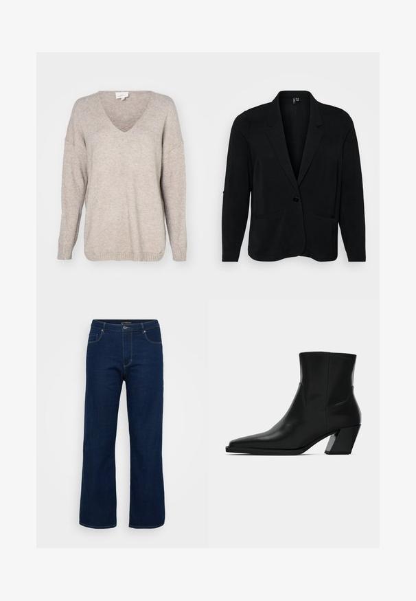 Sort blazer lavet af tekstureret stof, med en klippet krave, enkelt knaplukning og to frontlommer. Afslappet pasform med lange ærmer.; Beige v-hals sweater lavet af blødt strikket materiale, med en afslappet pasform, faldende skuldre og ribbede manchetter og kant.; Mørkeblå denim jeans med lige pasform, der har en lynlås, fem lommer og synlige syninger.; Sortlæder ankelstøvle med spids tå, en slank silhuet og en kraftig firkantet hæl. Glat tekstur med minimale stikninger.