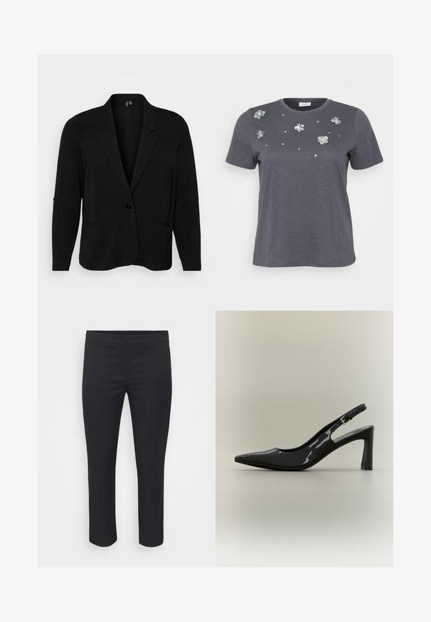 Schwarzer Blazer aus strukturiertem Stoff, mit Reverskragen, einer Knopfverschluss und zwei vorderen Taschen. Lässige Passform mit langen Ärmeln.; Graues Baumwoll-T-Shirt mit kurzen Ärmeln, verziert mit metallischen Blumenapplikationen und Pailletten, die auf der Vorderseite angeordnet sind. Weiche Textur, lässige Passform.; Schwarze, taillierte Hosen mit glatter Textur, mittlerer Taille und knöchellanger Länge. Mit einem Frontknopfverschluss und klaren Linien.; Schwarzer Lackleder Slingback-Pumps mit spitz zulaufender Kappe, mittelhohem Blockabsatz und verstellbarem Schnallenriemen.