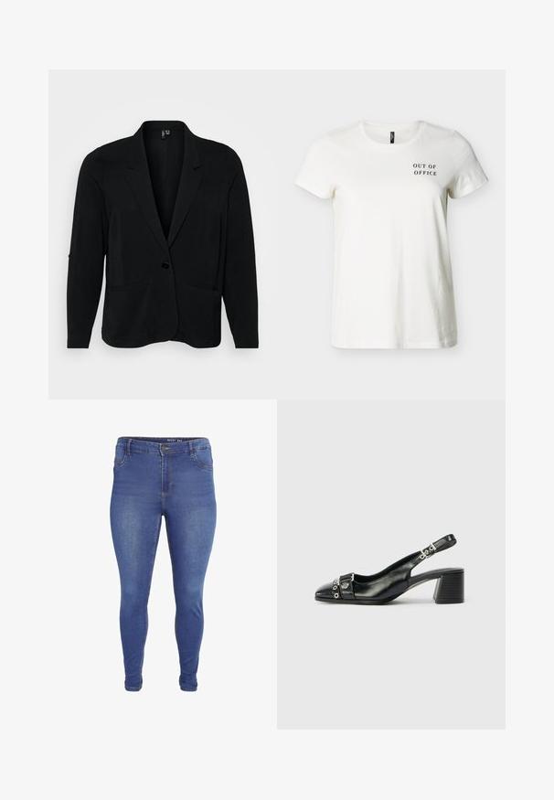 Sort blazer lavet af tekstureret stof, med en klippet krave, enkelt knaplukning og to frontlommer. Afslappet pasform med lange ærmer.; Hvid T-shirt med korte ærmer og rund hals med sort tekst "OUT OF OFFICE" på øverste venstre bryst.; Blå skinny jeans med forlommer, bæltestropper, knaplukning og let falmet effekt på lår og knæ.; Sorte læder slingback hæl med spids tå, tekstureret rem med cirkulære metalliske accenter, og en stablet blokhæl.