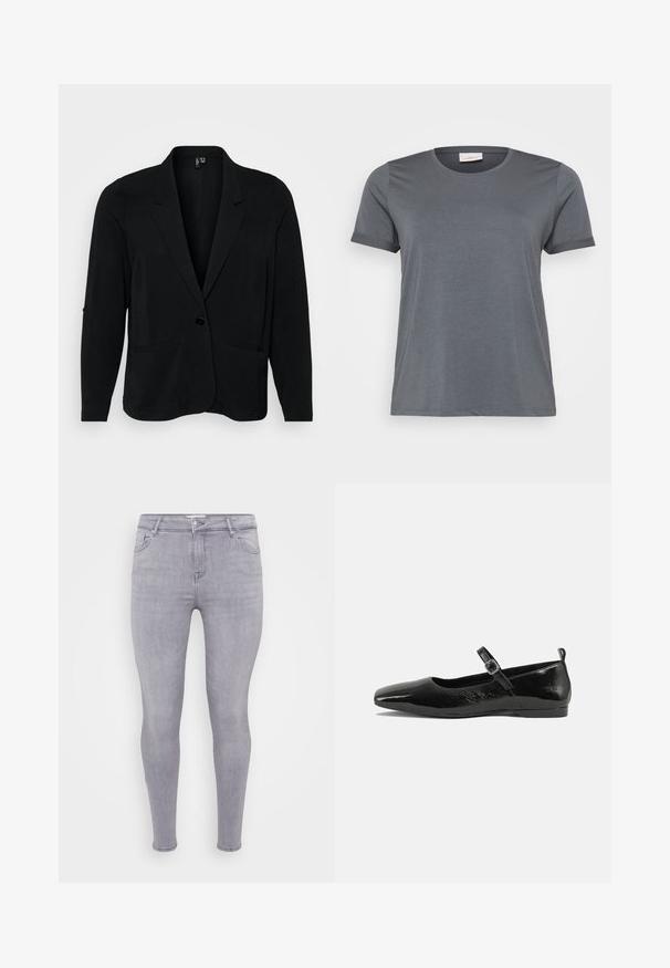 Sort blazer lavet af tekstureret stof, med en klippet krave, enkelt knaplukning og to frontlommer. Afslappet pasform med lange ærmer.; Grå kortærmet T-shirt lavet af blødt stof, med en klassisk rund halsudskæring og oprullede ærmer. Glat tekstur uden synlige mønstre.; Grå skinny jeans lavet af denim, med klassisk fem-lomme design, lynlås i front og en glat overflade med let stræk.; Sorte patentlæder flade sko med spidse tæer, en ankelrem med spænde og en glat, blank tekstur. Lav hæl for komfort.