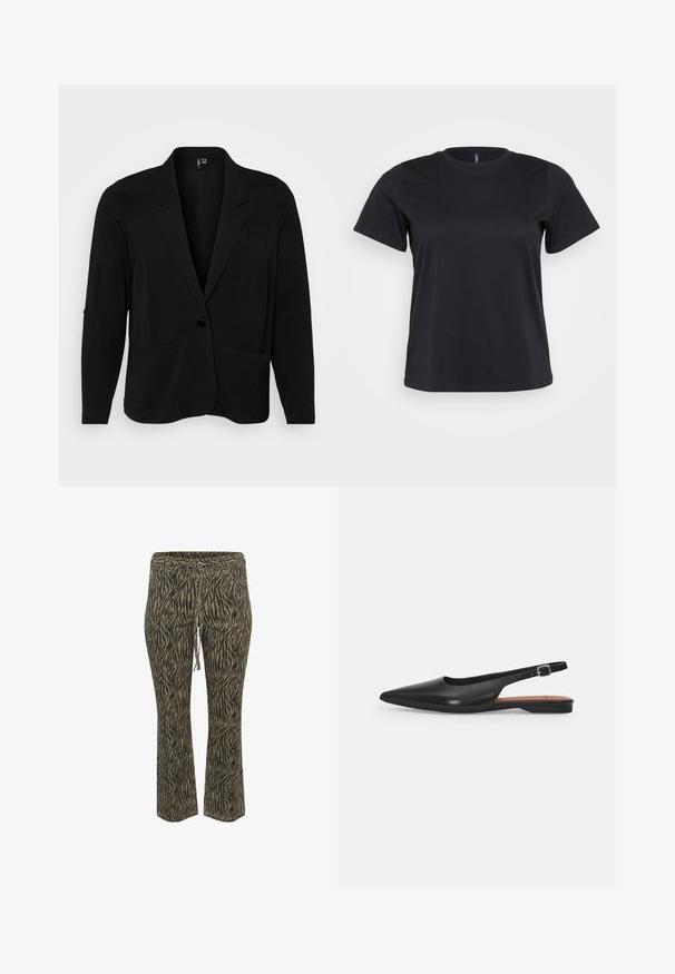 Sort blazer lavet af tekstureret stof, med en klippet krave, enkelt knaplukning og to frontlommer. Afslappet pasform med lange ærmer.; Sort bomulds-t-shirt med korte ærmer, rund halsudskæring, afslappet pasform og glat tekstur. Ingen synlige grafik eller mønstre.; Buks med elastisk talje og snøre i khaki og beige zebra mønster. Mellemhøj talje, flared ben design, blød tekstur. Velegnet til afslappet brug.; Sorte læder slingback sko med spidse tæer, subtil glans og justerbar ankelrem. Flad hæl med en brun indersål.