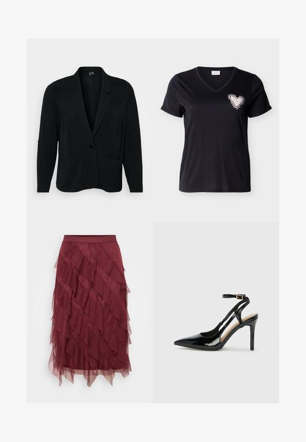 Schwarzer Blazer aus strukturiertem Stoff, mit Reverskragen, einer Knopfverschluss und zwei vorderen Taschen. Lässige Passform mit langen Ärmeln.; Schwarzes T-Shirt mit V-Ausschnitt und kurzen Ärmeln, mit aufgerollten Ärmelbündchen, versehen mit einem pinkfarbenen Herzaufnäher mit kleinen Nieten und motivierendem Text um die Brust.; Burgunderfarbene, gestufte Tüll-Rock mit einem taillierten Bund, der mit Rüschenschichten versehen ist, die einen strukturierten Look und einen schönen Fall erzeugen.; Schwarze Patentleder-High-Heel-Slingback-Pumps mit spitzem Zeh, verstellbarem Knöchelriemen und offenen Seiten. Glatte Textur.