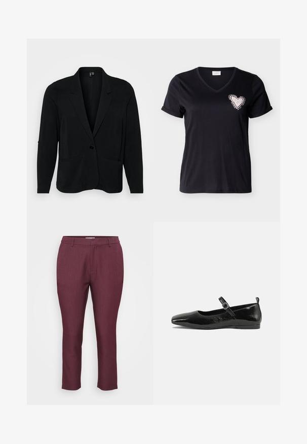 Čierny blazer vyrobený z textúrovaného materiálu, s klopovými reverzmi, jedným gombíkom a dvoma prednými vreckami. Uvoľnený strih s dlhými rukávmi.; Čierne tričko s krátkym rukávom a výstrihom do V, s vyhrnutými manžetami, na hrudi so srdiečkovou nášivkou v ružovej farbe s malými cvokmi a okolo motivačným textom.; Bordové nohavice na mieru vyrobené z texturovanej látky, s plochým predným dielom, pútkami na opasok a zúženými nohavicami s skrátenou dĺžkou.; Čierne lakované baleríny s špicatou špičkou, remienkom na členku so sponou a hladkým, lesklým povrchom. Nízky podpätok pre pohodlie.