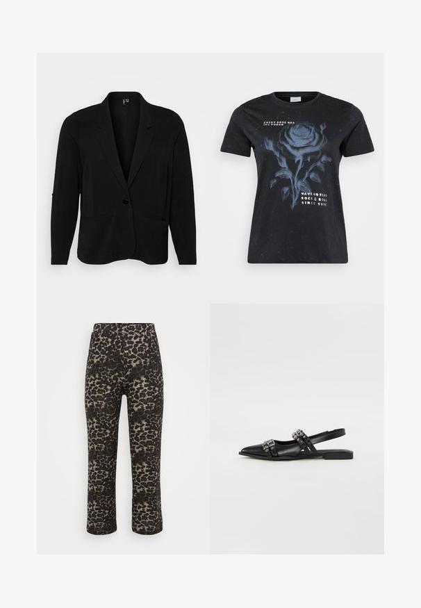 Schwarzer Blazer aus strukturiertem Stoff, mit Reverskragen, einer Knopfverschluss und zwei vorderen Taschen. Lässige Passform mit langen Ärmeln.; ONLY Carmakoma CARMIKO WASHED SS REG TEE JRS - T-Shirt print - black; Schwarz-beige Leopardenmuster-Hosen mit geradem Schnitt, elastischem Bund und glatter Textur.; Even&Odd by Zalando Sling-Ballerina - black
