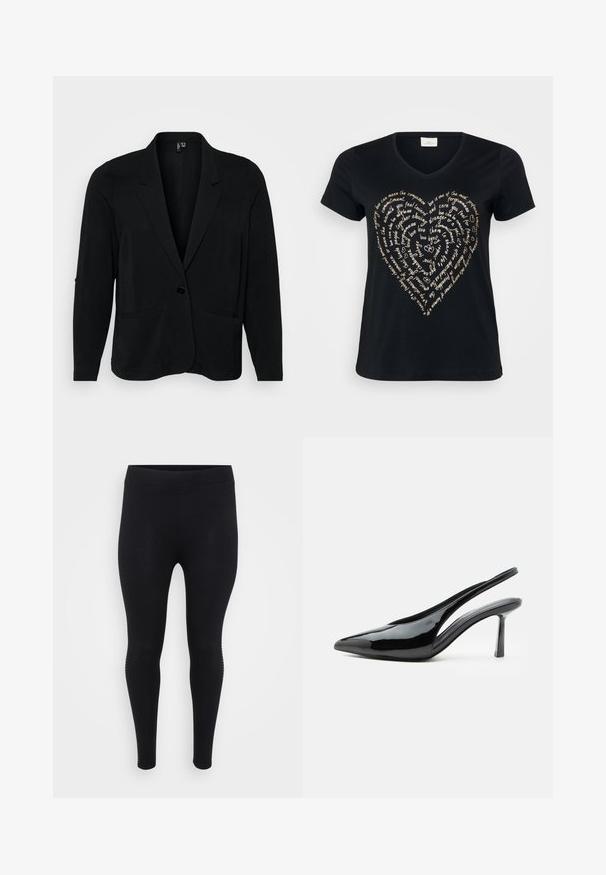 Blazer negro hecho de tejido texturizado, con solapa muesca, cierre de un solo botón y dos bolsillos frontales. Corte relajado con mangas largas.; Camiseta negra de cuello en V con un diseño de texto en forma de corazón en beige claro, que presenta palabras sobre amor, compasión y compromiso en cursiva.; Leggings negros con una textura suave, cintura alta y una forma ajustada. Presentan detalles sutiles en los laterales a lo largo de las costuras.; Zapato de tacón alto tipo slingback de charol negro con punta puntiaguda y tacón stilettos delgado sobre fondo blanco.