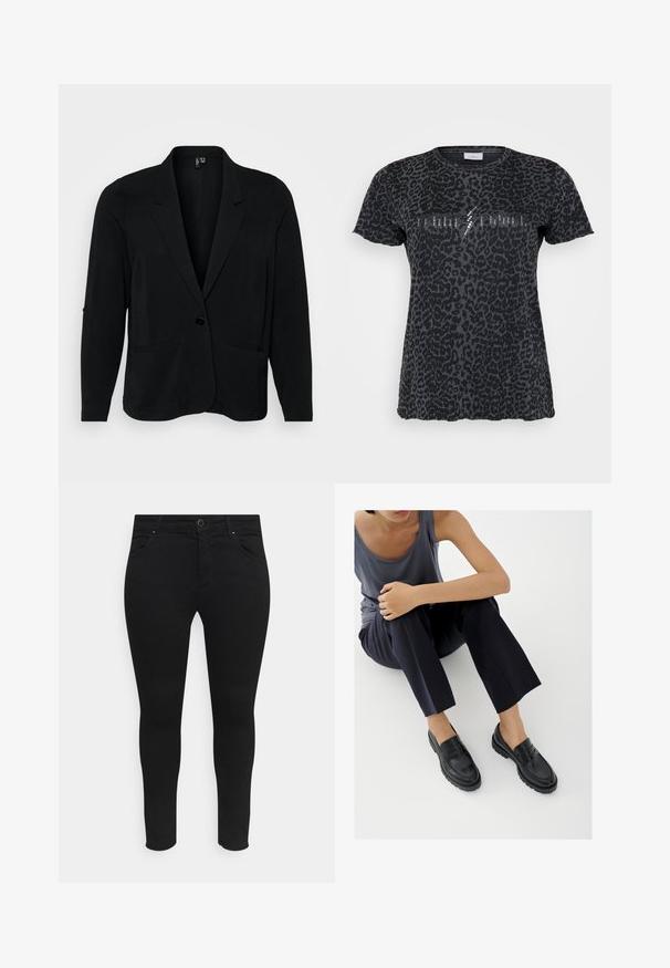 Must muströörist valmistatud must bleiser, millel on rilletavad klapid, üks nupp ja kaks esist pocketit. Mugav lõige ning pikad varrukad.; ONLY Carmakoma CARMIKO WASHED SS REG TEE JRS - Trükipildiga T-särk - phantom; Mustad kitsad teksad, mis on valmistatud venivast kangast, ees on taskud, nupuga kinnitamine ning sujuv disain ilma nähtavate mustrite või kaunistusteta.; Mustad nahast loafersid tekstureeritud detailidega, madala kontsaga, ümmarguse varbaosaga ja nähtava õmblustega. Modell kannab tumedaid pükse ja halli t-särki.