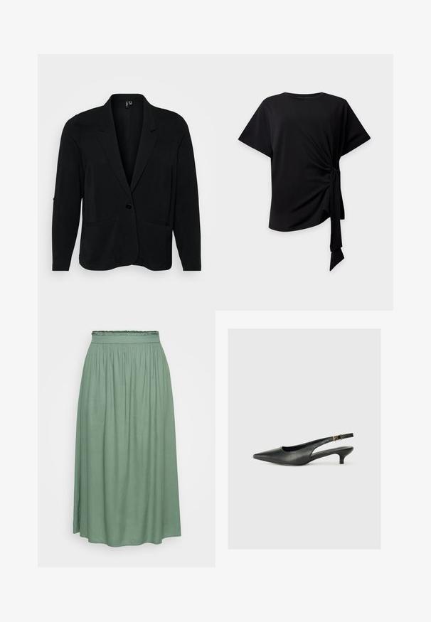 Sort blazer lavet af tekstureret stof, med en klippet krave, enkelt knaplukning og to frontlommer. Afslappet pasform med lange ærmer.; Sort top med korte ærmer, rund halsudskæring og knude i siden, der skaber samlet stof og et hængende bindebånd på en lys baggrund.; Grøn midi-nederdel med en samlet elastisk talje, glat tekstur og flodende design, der har en let A-form og ingen mønstre.; Sorte spidse slingback-sko lavet af glat læder. Har en tynd hæl og en spænde detalje på den justerbare rem.