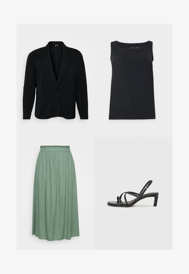 Sort blazer lavet af tekstureret stof, med en klippet krave, enkelt knaplukning og to frontlommer. Afslappet pasform med lange ærmer.; Sort ærmeløs tanktop med firkantet halsudskæring, vist på en enkel lys baggrund.; Grøn midi-nederdel med en samlet elastisk talje, glat tekstur og flodende design, der har en let A-form og ingen mønstre.; Sort remsandale med firkantet tå og en lav blokeret hæl. Har flere tynde stropper og en justerbar ankelrem. Fremstillet af glat læder.