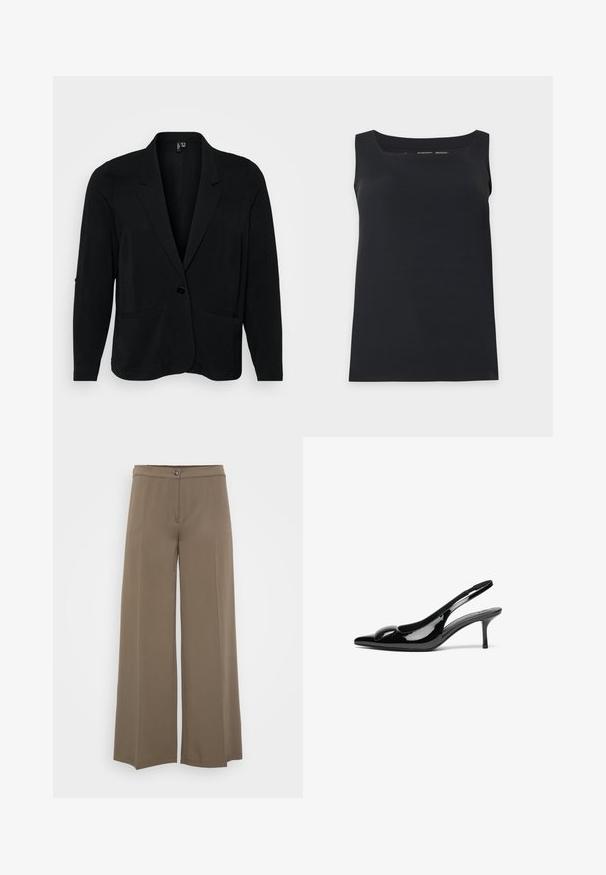 Blazer negro hecho de tejido texturizado, con solapa muesca, cierre de un solo botón y dos bolsillos frontales. Corte relajado con mangas largas.; Camiseta sin mangas negra con escote cuadrado, mostrada sobre un fondo claro y liso.; Pantalones de pierna ancha en un tejido marrón sólido, con cierre de botón, frente plano y textura suave, diseñados para un ajuste relajado.; Tacones slingback de charol negro con punta afilada y acabado brillante. Presentan un tacón delgado y un acento redondeado en el empeine.