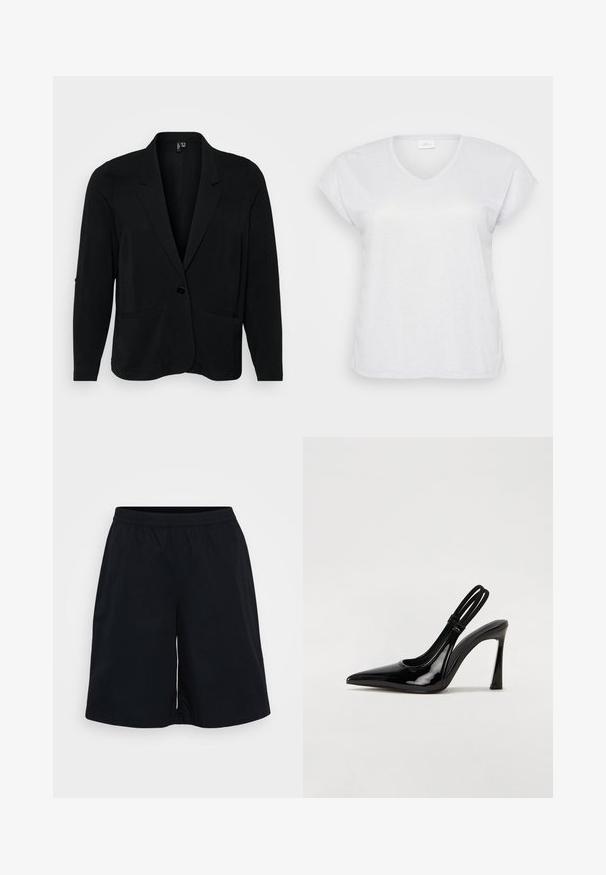 Blazer noir en tissu texturé, avec un col cranté, une fermeture à un bouton et deux poches avant. Coupe décontractée avec manches longues.; T-shirt blanc à manches courtes et en V avec une texture scintillante subtile, offrant une coupe décontractée et sans motifs ni accents visibles.; Shorts de sport noirs avec une taille élastique, une coupe ample et une texture lisse. Le design est simple, sans motifs ni accents.; Escarpin en cuir verni noir à talon aiguille, à bout pointu, avec une sangle élastique double pour un maintien sécurisé. Surface lisse et brillante.