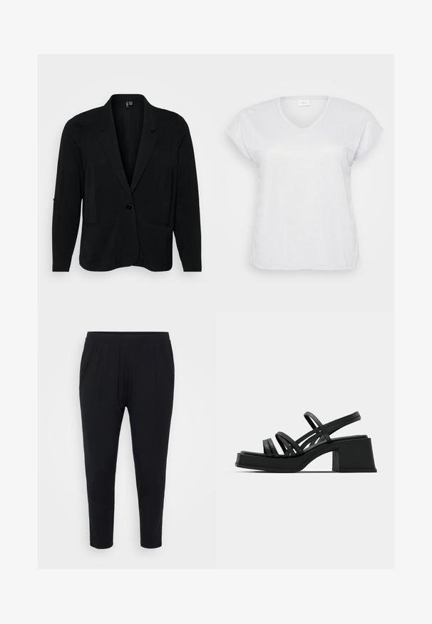 Blazer negro hecho de tejido texturizado, con solapa muesca, cierre de un solo botón y dos bolsillos frontales. Corte relajado con mangas largas.; Camiseta blanca de manga corta y escote en V con una sutil textura brillante, que presenta un corte holgado y sin patrones ni acentos visibles.; Pantalones negros de corte relajado, con cinturilla elástica y suaves pliegues. Confeccionados en una tela suave, con piernas ajustadas y sin bolsillos.; Sandalias negras de tacón con múltiples tiras delgadas y un tacón ancho. Diseño elegante con una textura mate. La plantilla tiene una leve curvatura.