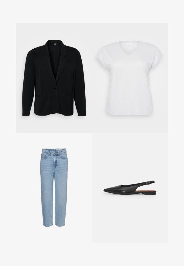 Sort blazer lavet af tekstureret stof, med en klippet krave, enkelt knaplukning og to frontlommer. Afslappet pasform med lange ærmer.; Hvid kortærmet V-hals t-shirt med en subtil skimmereffekt, der har en afslappet pasform og ingen synlige mønstre eller accenter.; Lyseblå denimjeans med høj talje, afslappet pasform og lige ben. Har en knaplukning og let falmet effekt på stoffet.; Sorte læder slingback sko med spidse tæer, subtil glans og justerbar ankelrem. Flad hæl med en brun indersål.