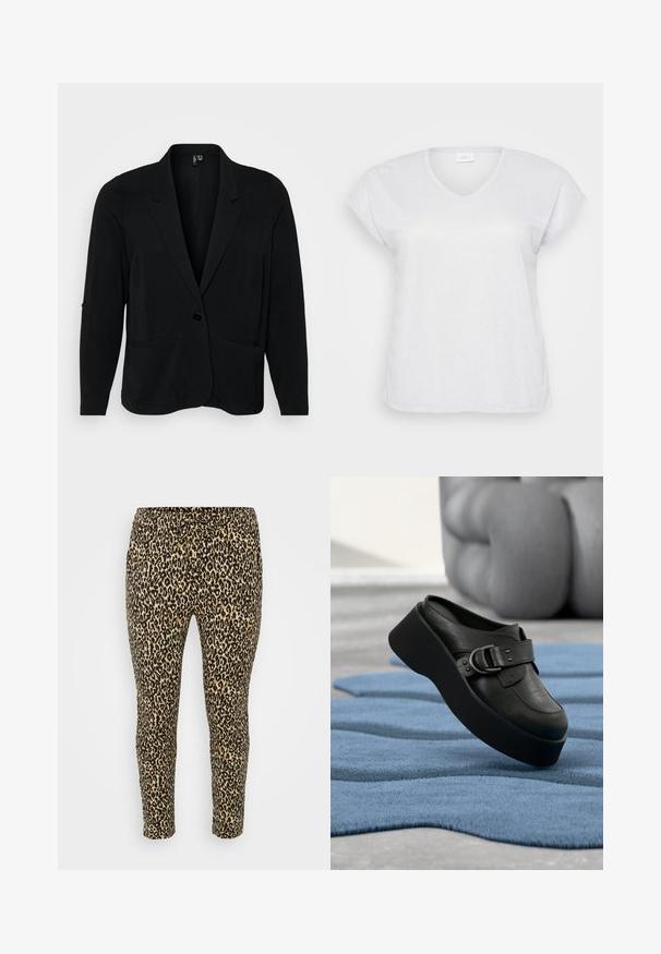 Blazer negro hecho de tejido texturizado, con solapa muesca, cierre de un solo botón y dos bolsillos frontales. Corte relajado con mangas largas.; Camiseta blanca de manga corta y escote en V con una sutil textura brillante, que presenta un corte holgado y sin patrones ni acentos visibles.; Leggings con estampado de leopardo en tono beige y negro, que presentan una cintura con cordón, ajuste ceñido y una tela suave y elástica para mayor comodidad.; Mule plataforma de piel negra con una gran hebilla, descansando sobre una alfombra azul texturizada y ondulada y un fondo gris desenfocado.