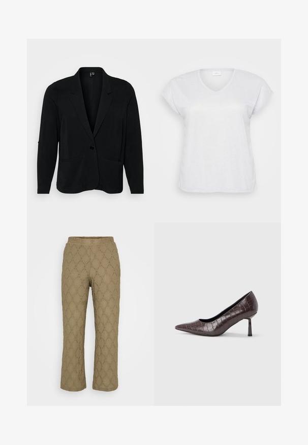Schwarzer Blazer aus strukturiertem Stoff, mit Reverskragen, einer Knopfverschluss und zwei vorderen Taschen. Lässige Passform mit langen Ärmeln.; Weißes, kurzärmliges V-Ausschnitt-T-Shirt mit einem subtilen Schimmer-Effekt, das einen lässigen Schnitt aufweist und keine sichtbaren Muster oder Akzente hat.; Khakihosen mit einem strukturierten Rautenmuster und kleinen Ausschnitten. Verfügt über einen breiten elastischen Bund und ein gerades Bein-Design.; Braune Pumps mit spitz zulaufender Spitze aus Kunstleder in Krokodiloptik, mit schlankem, eckigem Absatz und glatter Innenfütterung.