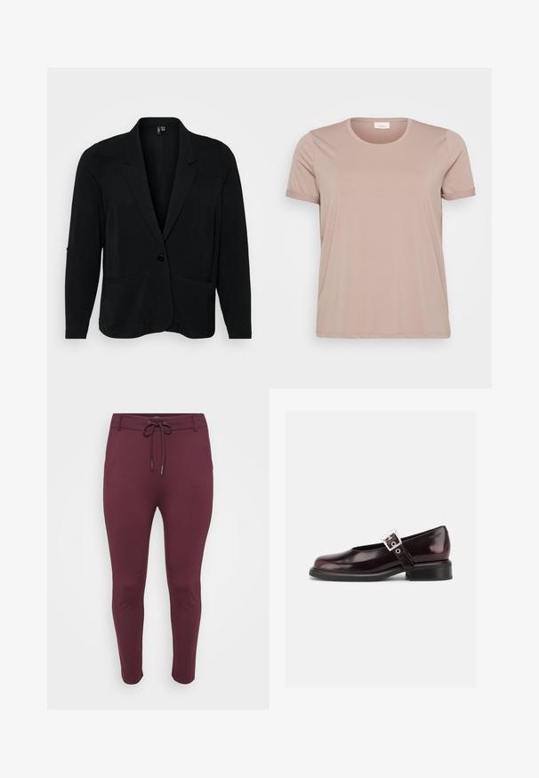 Blazer negro hecho de tejido texturizado, con solapa muesca, cierre de un solo botón y dos bolsillos frontales. Corte relajado con mangas largas.; Camiseta de manga corta de color rosa claro con cuello redondo y mangas enrolladas, hecha de una tela suave y lisa. Sin patrones ni acentos visibles.; Pantalones elásticos burdeos con cintura ajustable, que presentan un diseño ajustado y piernas ceñidas, exhibidos sobre un fondo blanco.; Zapato único Mary Jane brillante de color burdeos oscuro con correa ancha y hebilla plateada, tacón bloque bajo y punta redondeada sobre fondo blanco.