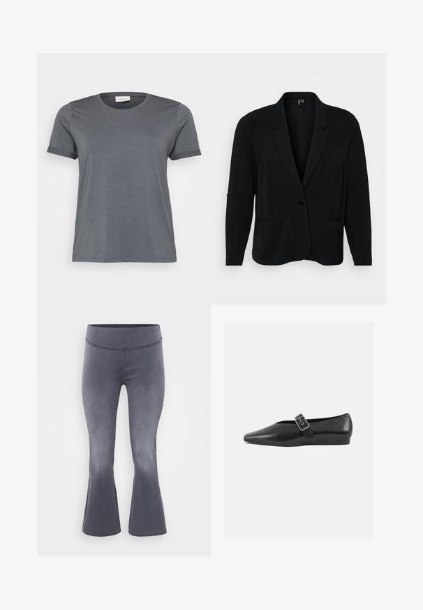 Schwarzer Blazer aus strukturiertem Stoff, mit Reverskragen, einer Knopfverschluss und zwei vorderen Taschen. Lässige Passform mit langen Ärmeln.; Graues kurzärmliges T-Shirt aus weichem Material mit klassischem Rundhalsausschnitt und aufgerollten Ärmeln. Glatte Textur ohne sichtbare Muster.; Grau ausgestellte Hosen mit einem breiten Bund. Glattes Material mit leichtem Glanz, das von oben dunkel zu unten heller verläuft.; Schwarze Lederflachschuhe mit spitzem Zehenbereich, ausgestattet mit einem metallischen Riemen über dem Spann und einer niedrigen, flexiblen Sohle.