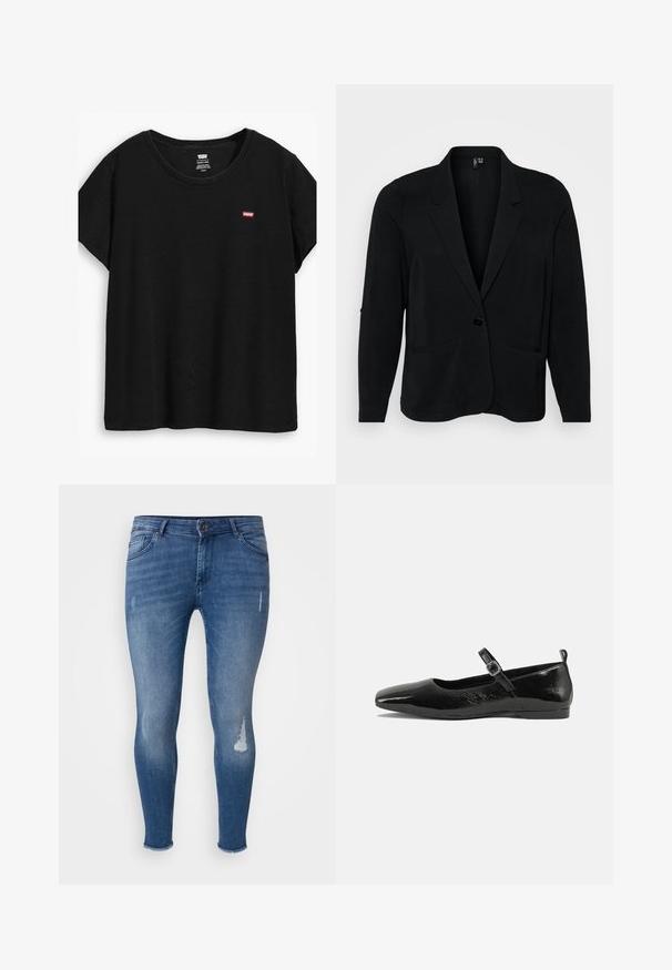 Čierny blazer vyrobený z textúrovaného materiálu, s klopovými reverzmi, jedným gombíkom a dvoma prednými vreckami. Uvoľnený strih s dlhými rukávmi.; Čierne tričko s krátkymi rukávmi vyrobené z mäkkého materiálu, s okrúhlym výstrihom a malým červeným logom Levi's na ľavej strane.; Úzke džínsy vyrobené z modrého denimového materiálu, s obnošenými detailmi na prednej strane, vyblednutými časťami a roztrhnutým lemom pri členkoch.; Čierne lakované baleríny s špicatou špičkou, remienkom na členku so sponou a hladkým, lesklým povrchom. Nízky podpätok pre pohodlie.