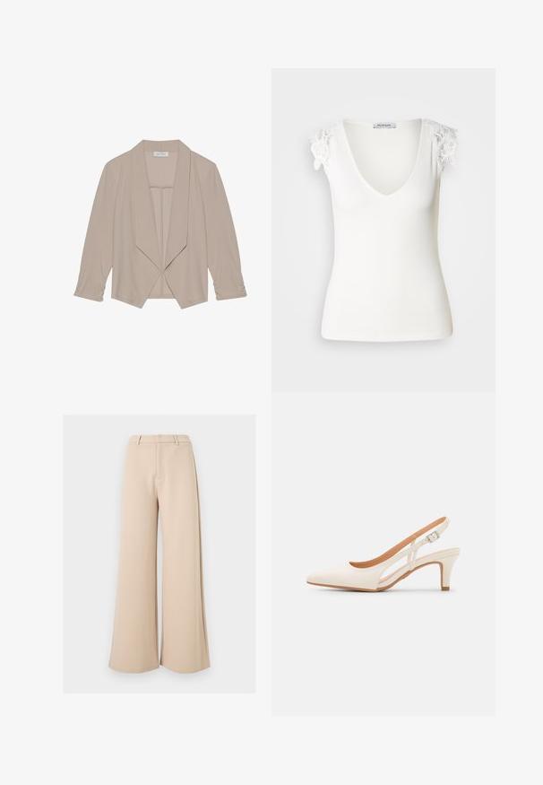 Beige damesblazer met open voorkant, lange mouwen en brede revers, uitgestald tegen een effen witte achtergrond.; Witte geribbelde tanktop met een V-hals en bloemenkantaccenten op de schouders. Glad textuur, getailleerd ontwerp. Merkenlabel zichtbaar aan de binnenzijde.; Beige wijde broek met hoge taille, riemlussen en een verborgen sluiting aan de voorkant, op een witte achtergrond.; Witte slingback hak met een spitse neus, glad bovenmateriaal, lage blokhak en een design met uitsparingen aan de zijkant, voorzien van een verstelbare gespsluiting.