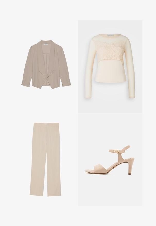 Blazer beige de mujer con apertura frontal, mangas largas y solapas anchas, exhibido sobre un fondo blanco liso.; Top de manga larga en color crema con encaje en la parte del busto, que cuenta con un escote redondo y una tela suave para una silueta ajustada.; Pantalones de pierna ancha beige con una textura suave, que presentan un corte entallado, dos bolsillos frontales y un sutil detalle de pliegue a lo largo de las piernas.; Sandal de tacón alto de ante beige con una correa delgada en el tobillo, punta abierta y tacón cónico de 3 pulgadas; presenta un detalle de hebilla dorada.