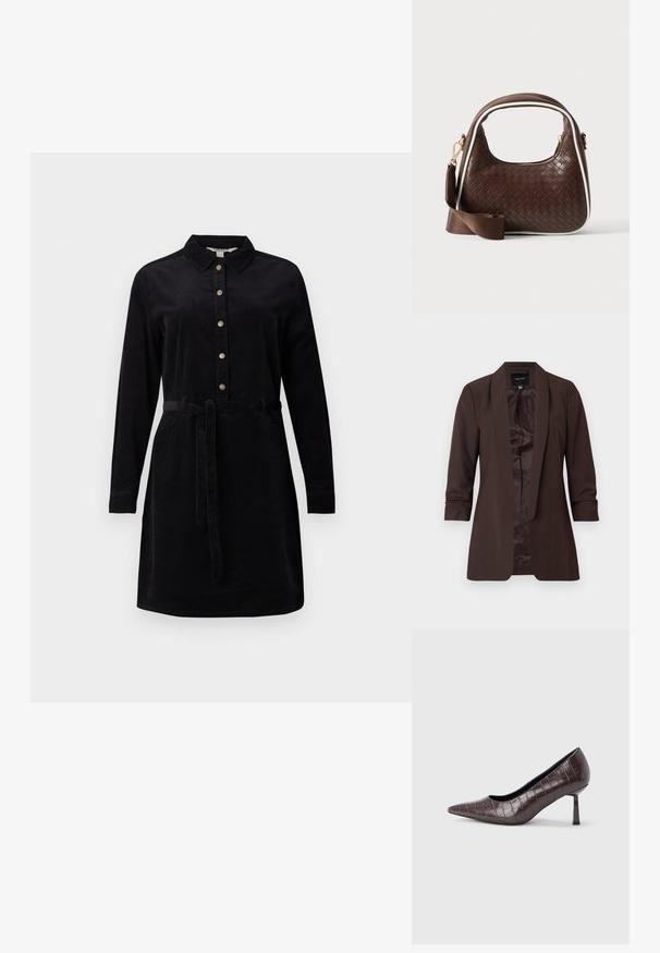 Brauner Langarm-Blazer mit Schalkragen und offenem Vorderteil, mit glattem Innenfutter und taillierter Passform.; Schwarzes Cordkleid mit durchgehender Knopfleiste, langen Ärmeln und einem Bindegürtel in der Taille. Verfügt über einen klassischen Kragen und seitliche Taschen.; Braune Pumps mit spitz zulaufender Spitze aus Kunstleder in Krokodiloptik, mit schlankem, eckigem Absatz und glatter Innenfütterung.; Braune gewebte Lederhandtasche mit weißer Paspel, goldenem Reißverschluss und abnehmbarem braunem Stoff-Schulterriemen.