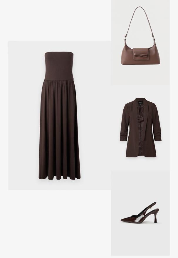 Blazer marrón de manga larga con cuello chal y delantero abierto, con un forro interior liso y ajuste entallado.; Vestido maxi marrón sin tirantes, hecho de una tela suave, con un corsé ajustado y una falda fluida y recogida que permite una fácil movilidad.; Zapatos de tacón slingback de charol marrón con punta afilada, tacón delgado y correa ajustable con una pequeña hebilla.; Bolso bandolera de cuero marrón con un bolsillo frontal de solapa que presenta un detalle de moño cosido y una correa ajustable.