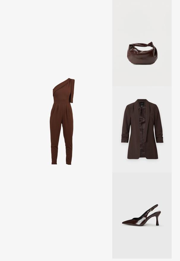 Brauner Langarm-Blazer mit Schalkragen und offenem Vorderteil, mit glattem Innenfutter und taillierter Passform.; Braunes Ein-Schulter-Jumpsuit mit drapiertem Stoffdetail, schmal zulaufenden Beinen und gefaltetem Vorderteil. Hergestellt aus einem weichen, dehnbaren Material.; Braune lackleder Slingback-Absätze mit spitzem Zehen, einem dünnen Absatz und einem verstellbaren Riemen mit einer kleinen Schnalle.; Dunkelbraune Lederschultertasche mit weicher, lockerer Form und einem gedrehten Knotengriff vor schlichtem weißem Hintergrund.