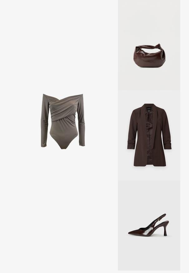 Brun blazer med lange ærmer, sjalskrave og åben front, med en glat inderforing og skræddersyet pasform.; Off-shoulder ensfarvet badetøj i olivengrøn med lange ærmer, draperet front og glat, strækbart stof.; Brune patenterede læderslingback-sandaletter med spids tå, en tynd hæl og justerbar rem med en lille spænde.; Mørkebrun læder skuldertaske med en blød, afslappet form og et snoet knudehåndtag på en ensartet hvid baggrund.