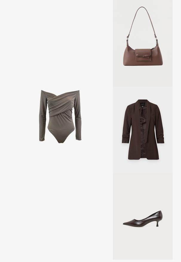 Blazer marrón de manga larga con cuello chal y delantero abierto, con un forro interior liso y ajuste entallado.; Bañador de una sola pieza en verde oliva, con tirantes caídos, mangas largas, frente fruncido y tejido suave y elástico.; Zapato de tacón bajo de cuero marrón oscuro con punta afilada sobre fondo blanco.; Bolso bandolera de cuero marrón con un bolsillo frontal de solapa que presenta un detalle de moño cosido y una correa ajustable.